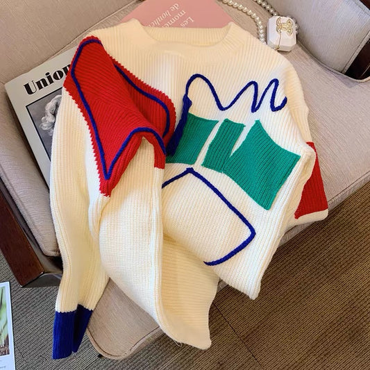Contrasting color pattern sweater women's early autumn 2022 new design niche loose and lazy wind pullover sweater for outer wear