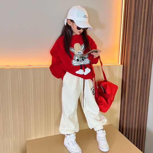 Girls fleece sweater 2022 new middle and big children red year of the rabbit year of birth thickened tops children's winter clothes