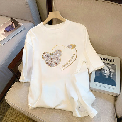 White t-shirt women's short-sleeved summer design feeling niche loose cotton bear love foreign style age-reducing top ins tide
