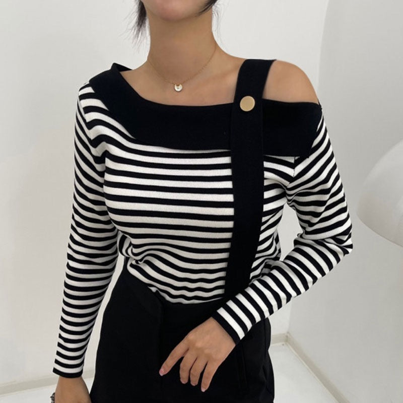 Korean chic autumn elegant niche slanted collar irregular off-shoulder design contrasting color striped loose long-sleeved sweater