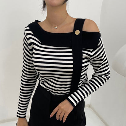 Korean chic autumn elegant niche slanted collar irregular off-shoulder design contrasting color striped loose long-sleeved sweater