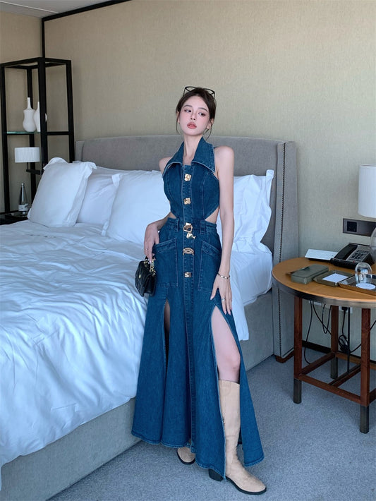 Spice Girl Retro Lapel Denim Dress Female Spring Temperament Hollow Slit Skirt A-Line Advanced Sense Mid-Length Dress