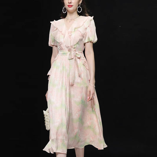 Summer women's clothing 2022 new temperament retro pink lantern sleeves waist thin printed dress long skirt skirt