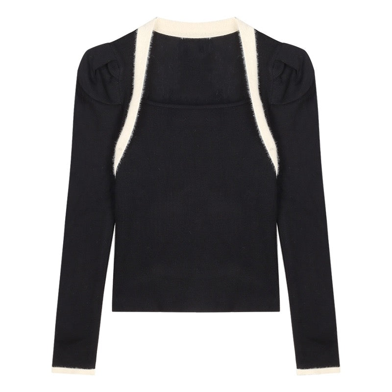 Black retro temperament knitted sweater women's autumn and winter French puff sleeves slim-fit pullover design short sweater top