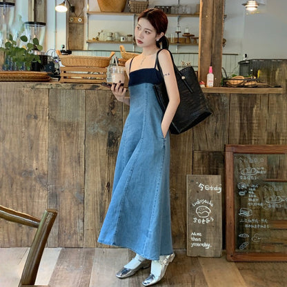 High-end temperament contrast color waist denim suspender dress women's summer new niche chic mid-length skirt