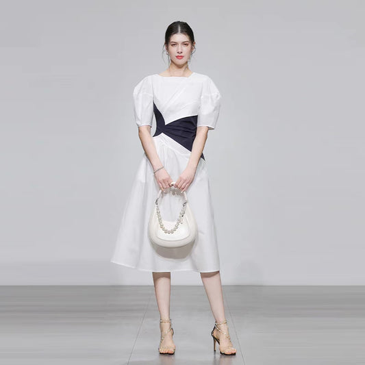 2022 Amoi women's new design sense asymmetric split color contrast dress cotton sense temperament casual simplicity