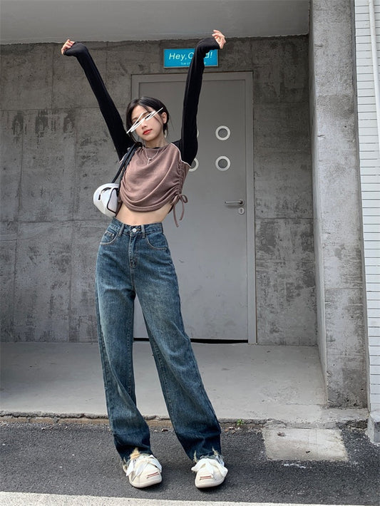 Hong Kong-style retro straight jeans women's autumn design sense of raw edge pants ins high street loose high waist wide leg pants