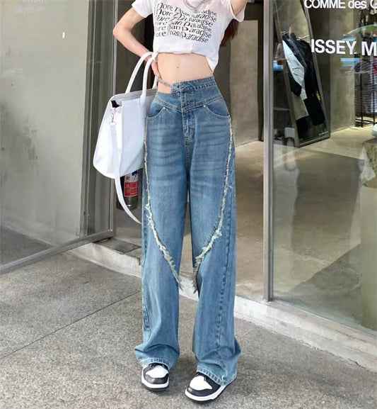 Irregular jeans women summer high waist hollow wide leg pants mopping trousers design sense straight pants hot girl pants 8228