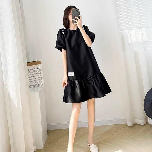 2022 new women's summer loose mid-length ruffle dress women's black round neck puff sleeve doll skirt