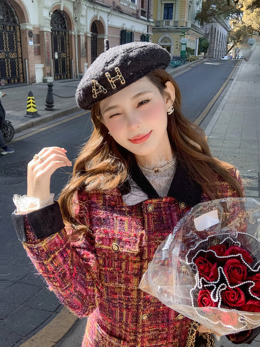 Fish Rabbit's Rabbit Contrasting Color Small Fragrance Dress Temperament Thickened Velvet Straight Skirt Autumn and Winter Women's Dress