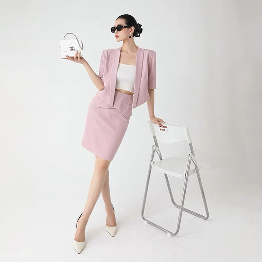 WANGXO pink casual fashion two-piece women's summer suit short-sleeved coat top high waist skirt suit