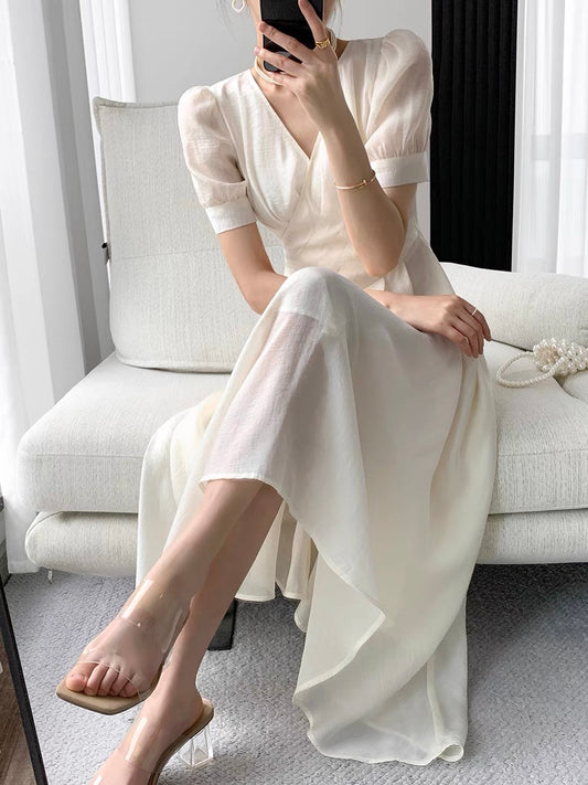 FT GUOGE white Tencel dress women's 2022 summer new high-end French retro temperament V-neck dress