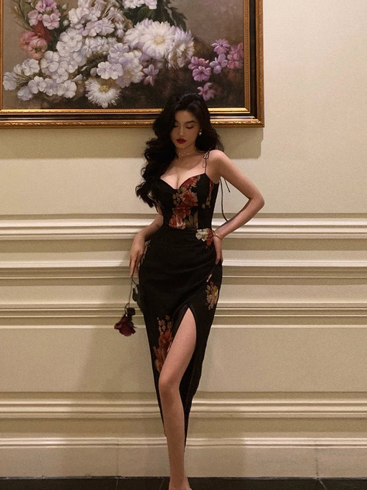 Sexy floral sling dress female 2023 summer new French niche design waist slimming slit long skirt