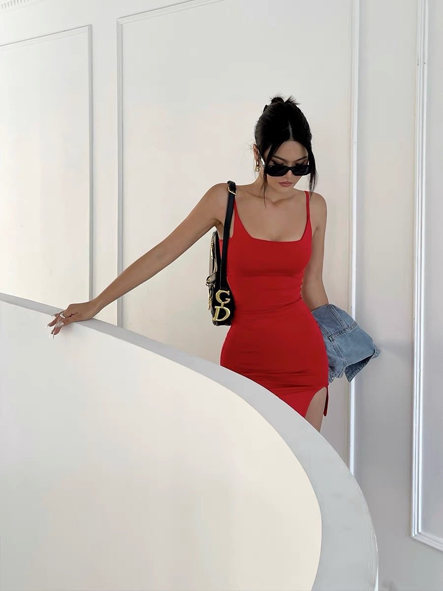 Jingye sexy suspender dress female 2022 summer temperament self-cultivation slimming bag hip side split one-step skirt short skirt