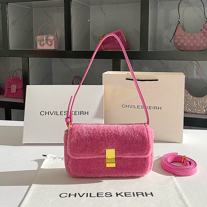 CHVILESKEIRH women's bag pink plush niche design underarm bag 2022 new trendy baguette shoulder bag