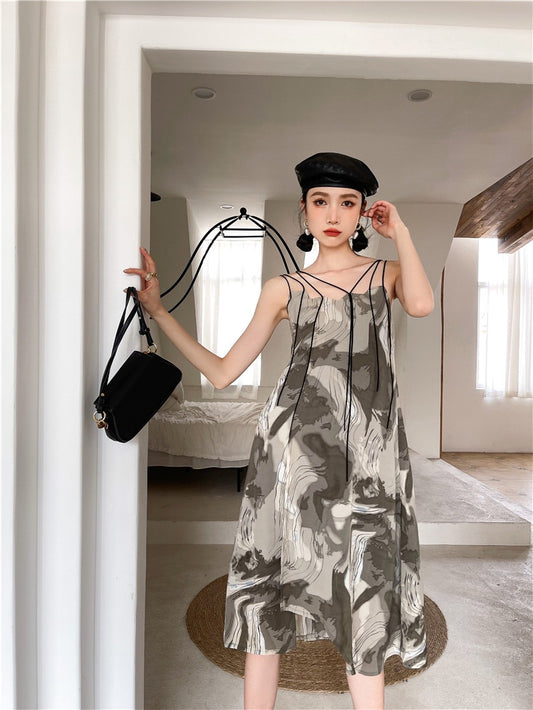ANNX2023 original suede multi-strap cut neckline suspender dress