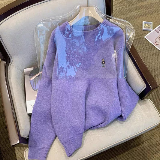 Purple Mid-Length Loose Soft Waxy Sweater Women's 2022 Early Autumn New Japanese Lazy Wind Bear Embroidered Knit Sweater