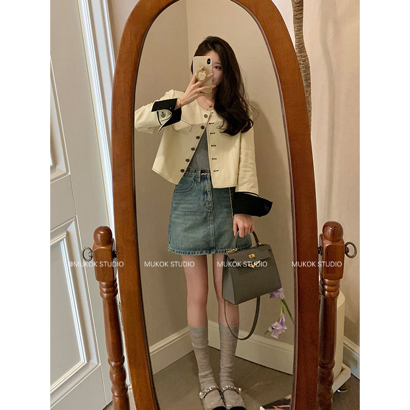MUKOK early spring standard ~ white denim jacket female 2023 new round neck color contrast design short jacket