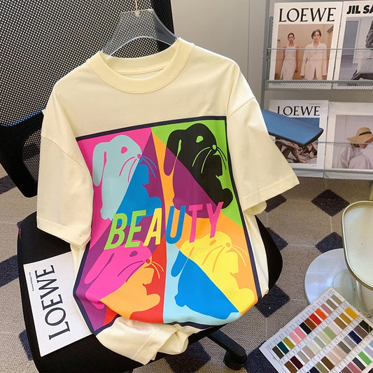 Apricot T-shirt women's short-sleeved 2023 summer loose foreign style age-reducing rabbit print cotton cartoon print top clothes