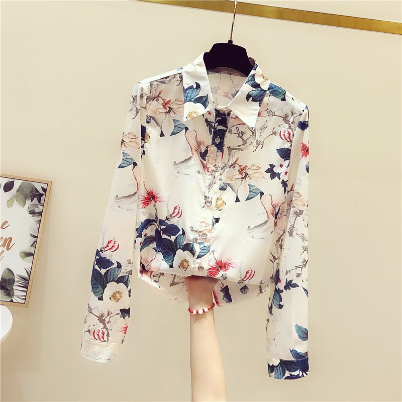 Heavy fashion foreign style printed shirt women's early autumn new temperament long-sleeved slim chic top plus size all-match trendy