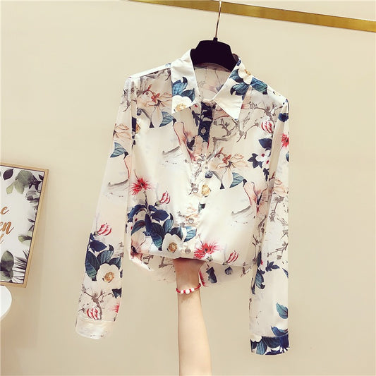 Heavy fashion foreign style printed shirt women's early autumn new temperament long-sleeved slim chic top plus size all-match trendy