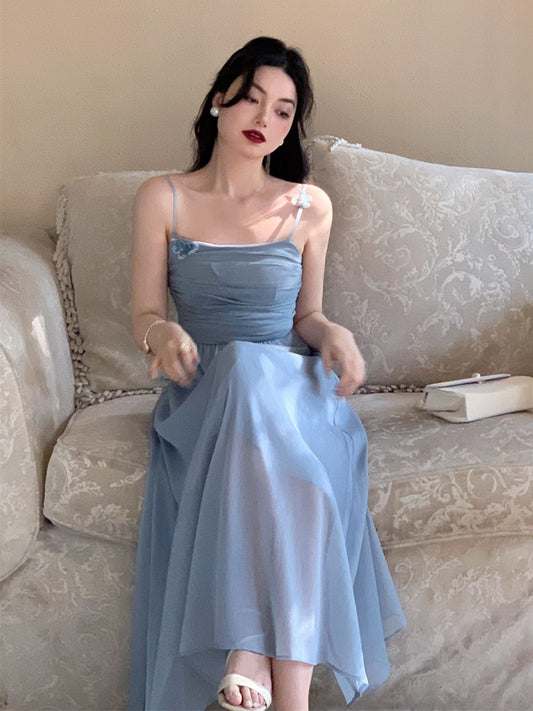 Tang Gongzi blue chiffon suspender dress fairy super fairy forest long skirt