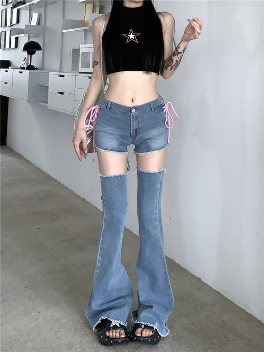 Sweet cool hot girl truncated jeans women's summer strappy shorts leg sleeve design sense trousers micro flared pants