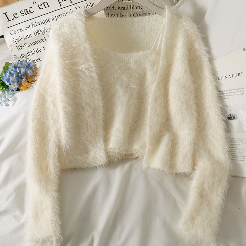 Suit women's new plush velvet loose and thin buttonless cardigan long-sleeved sweater jacket with short camisole