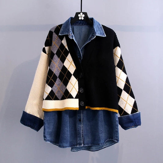 Knitted stitching fake two-piece denim jacket women's fried street Hong Kong style bf style mid-length 2022 new spring and autumn cardigan tide