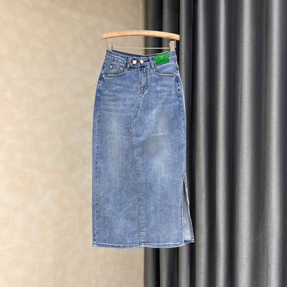 Dark blue denim half-length skirt women's summer new solid color all-match side slit high waist a-line bag hip one-step skirt