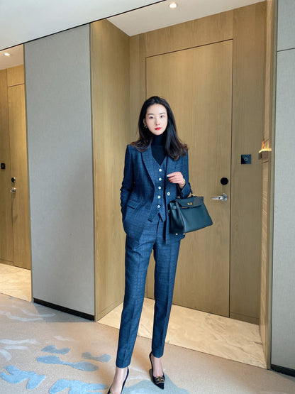 2021 Autumn and Winter New Thick Wool Suit Tibetan Blue OL Casual Fashion Vest Top Pepper Pants Three-piece Set