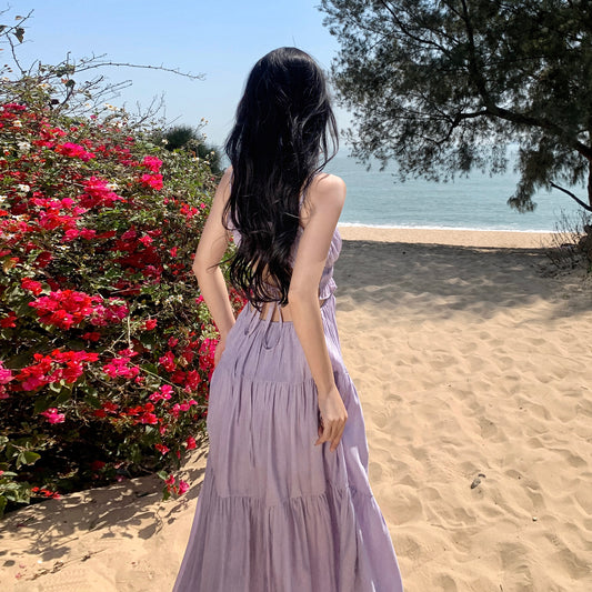 2023 new summer Sanya seaside holiday long skirt French high-end purple waistless suspenders backless dress