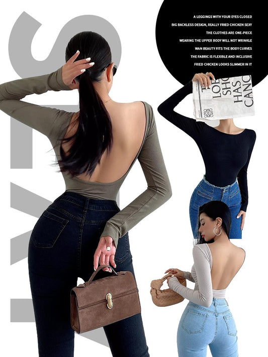 liviahome European and American sexy babes big backless jumpsuit stretch tight long-sleeved T-shirt bottoming shirt top female