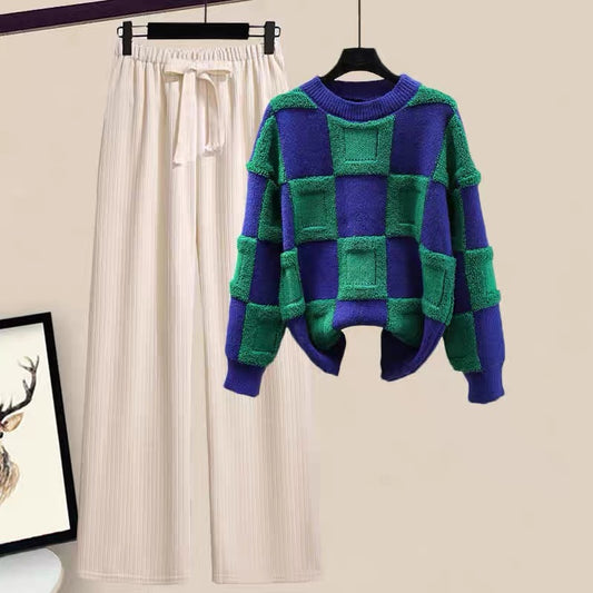 Autumn and autumn clothes, small, fragrant, checkerboard sweater with wide-leg pants, fashion suit, two-piece set, spring and autumn women