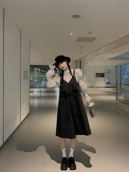 ddgirl spring white rose / age-reducing careful machine design bubble petal sleeve niche long-sleeved white shirt