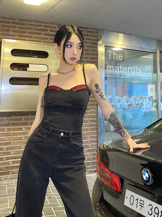 Wild zerocircle denim camisole hot girl suit female summer high waist black slim straight pants