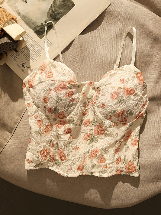 French embroidered floral suspenders with net gauze belt chest pad vest in summer, chic design sense, short section outerwear top