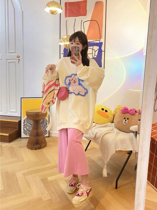 JENNIFER JXLIU Korea autumn and winter cute puppy cartoon print mid-length cream apricot sweater