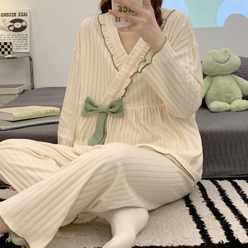 Women's pajamas spring and autumn long-sleeved cotton 2022 new bow tie can be worn outside home service summer casual suit