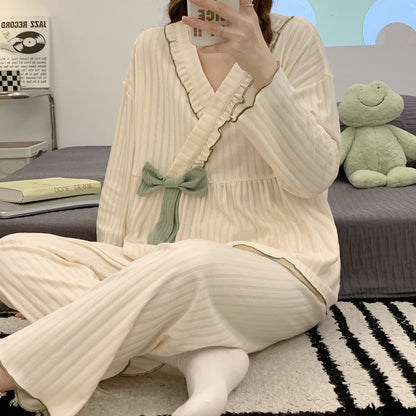Women's pajamas spring and autumn long-sleeved cotton 2022 new bow tie can be worn outside home service summer casual suit