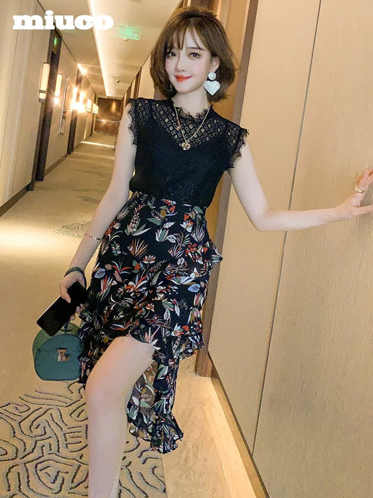miuco hollow lace shirt with suspenders + printed ruffle skirt three-piece suit women's 2021 spring and summer new