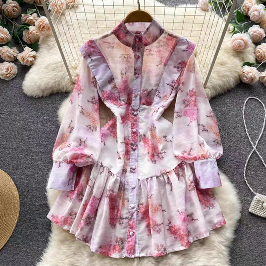 Early autumn new floral skirt one-shoulder horn-sleeved cake skirt printed waist dress sweet fairy princess skirt