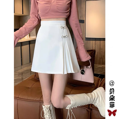 Black suit skirt women's autumn 2022 new high waist a-line pleated skirt small person slim wrap hip skirt