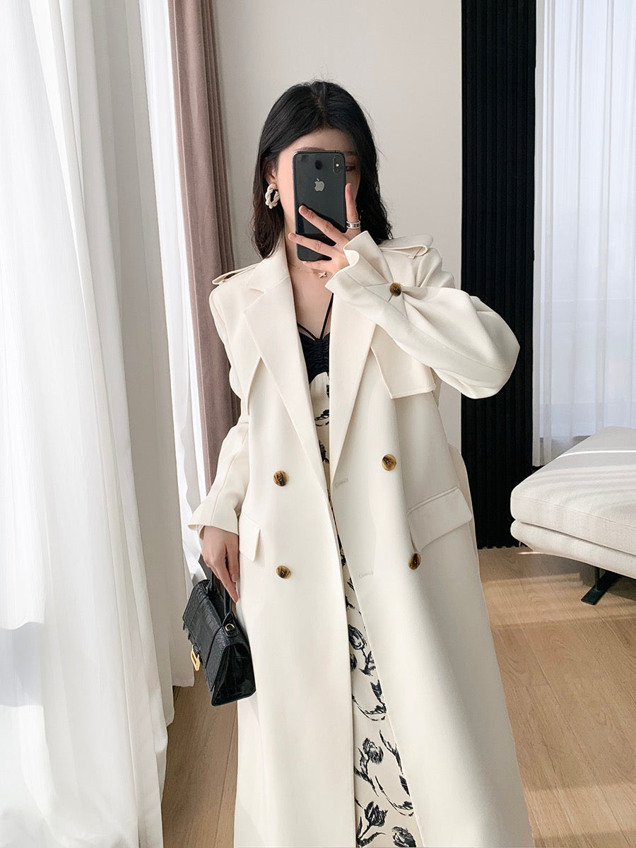 FT GUOGE beige windbreaker women's 2023 spring new double-breasted temperament mid-length drape coat jacket