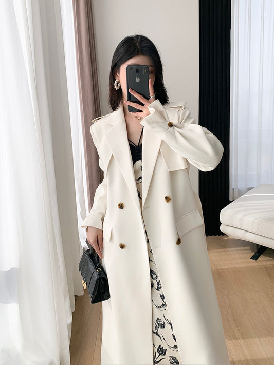 FT GUOGE beige windbreaker women's 2023 spring new double-breasted temperament mid-length drape coat jacket