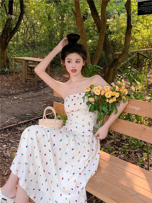 Beige floral one-shoulder tube top dress women's summer sweet hot girl waist slim backless mid-length skirts