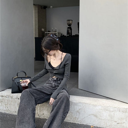 Retro new wide-leg pants washed high waist loose slim mopping jeans autumn and winter women's button straight trousers