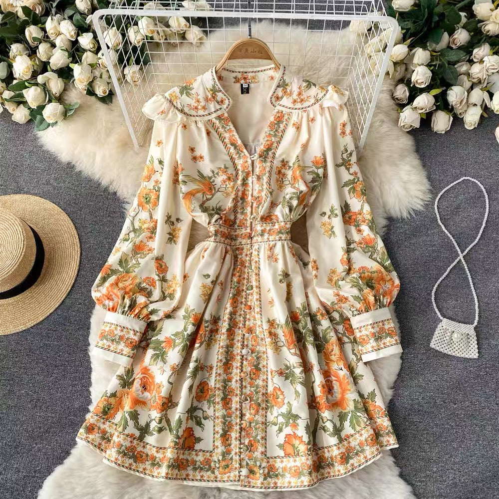 Court style retro floral dress female celebrity temperament V-neck single-breasted waist-slimming puff-sleeved A-line skirt
