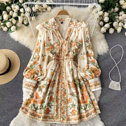Court style retro floral dress female celebrity temperament V-neck single-breasted waist-slimming puff-sleeved A-line skirt