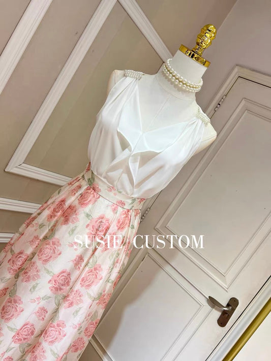 Custom-made pearl beaded V-neck ruffled vest top high-waisted rose print half-length skirt suit